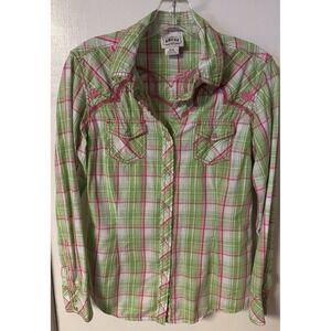 Ariat Brooke Fitted Pearl Snap Long Sleeve Lime Green And Pink Plaid Shirt W/emb